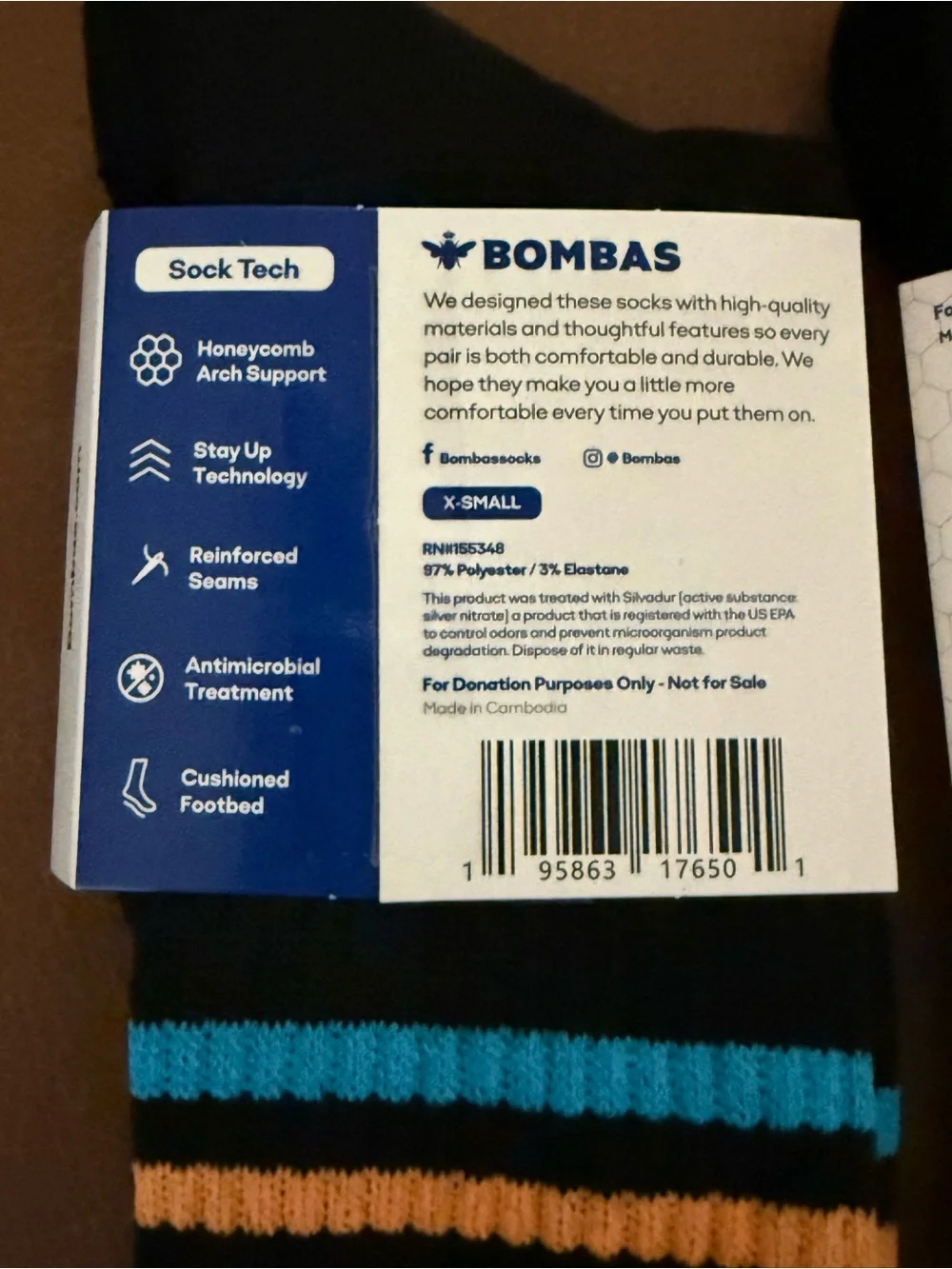 Bombas Kid’s XS Black Ankle Socks with Blue & Orange Stripes - 4 pairs for $28